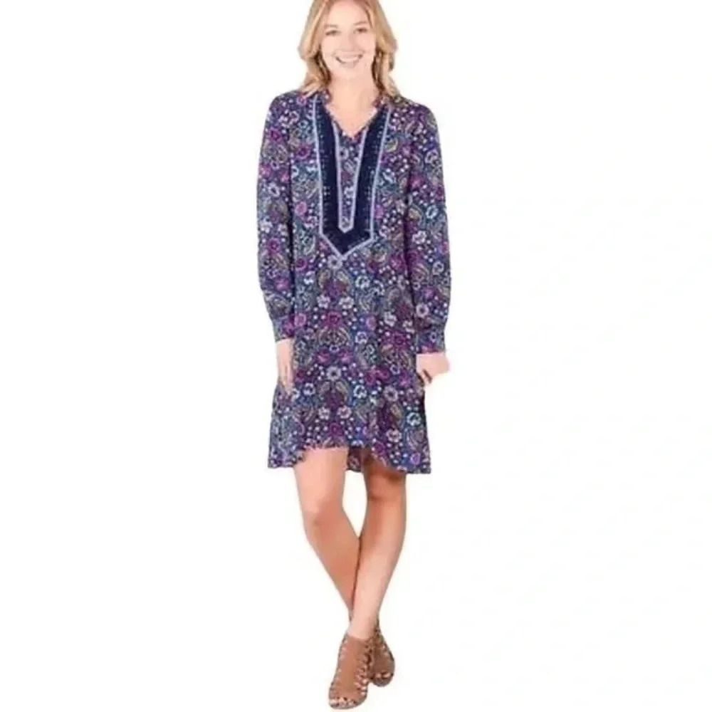 Matilda Jane Womens Thoughts and Dreams Floral Boho Shift Dress Size Medium Blue